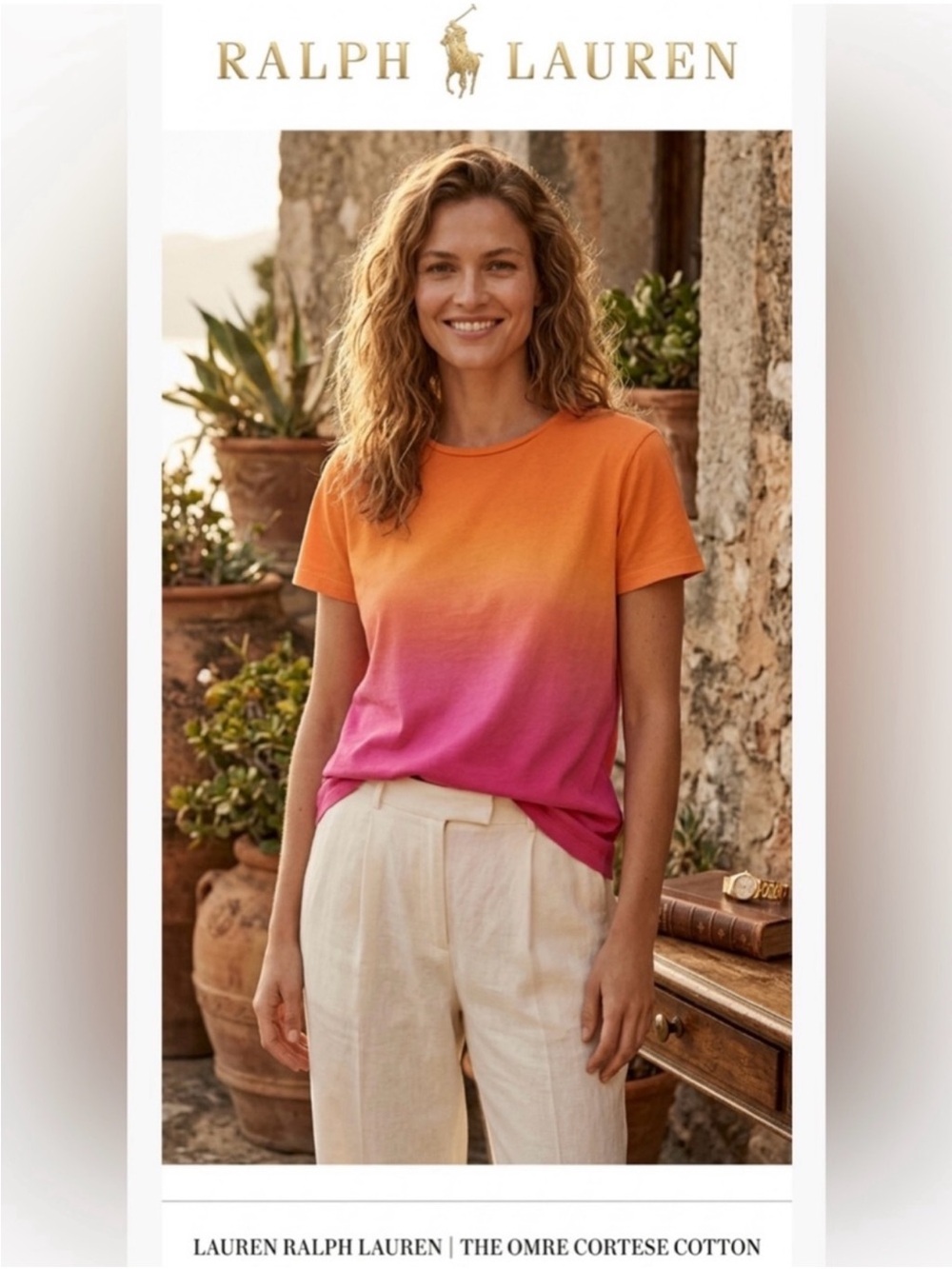 Ralph Lauren Women's Ombre Short Sleeve Tee in Orange and Pink ~ Size Large